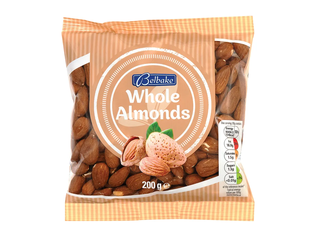 200g bag of Bellbake whole almonds.