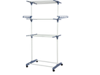 W5 vertical clothes drying rack with three tiers and wheels.