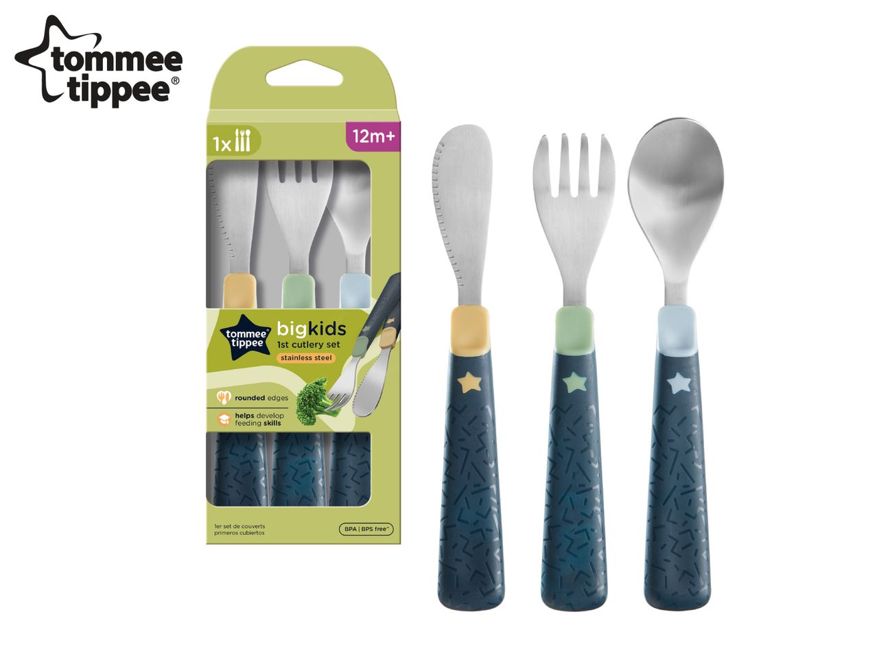 Tommee Tippee Bigkids 1st cutlery set with knife, fork, and spoon for 12m+