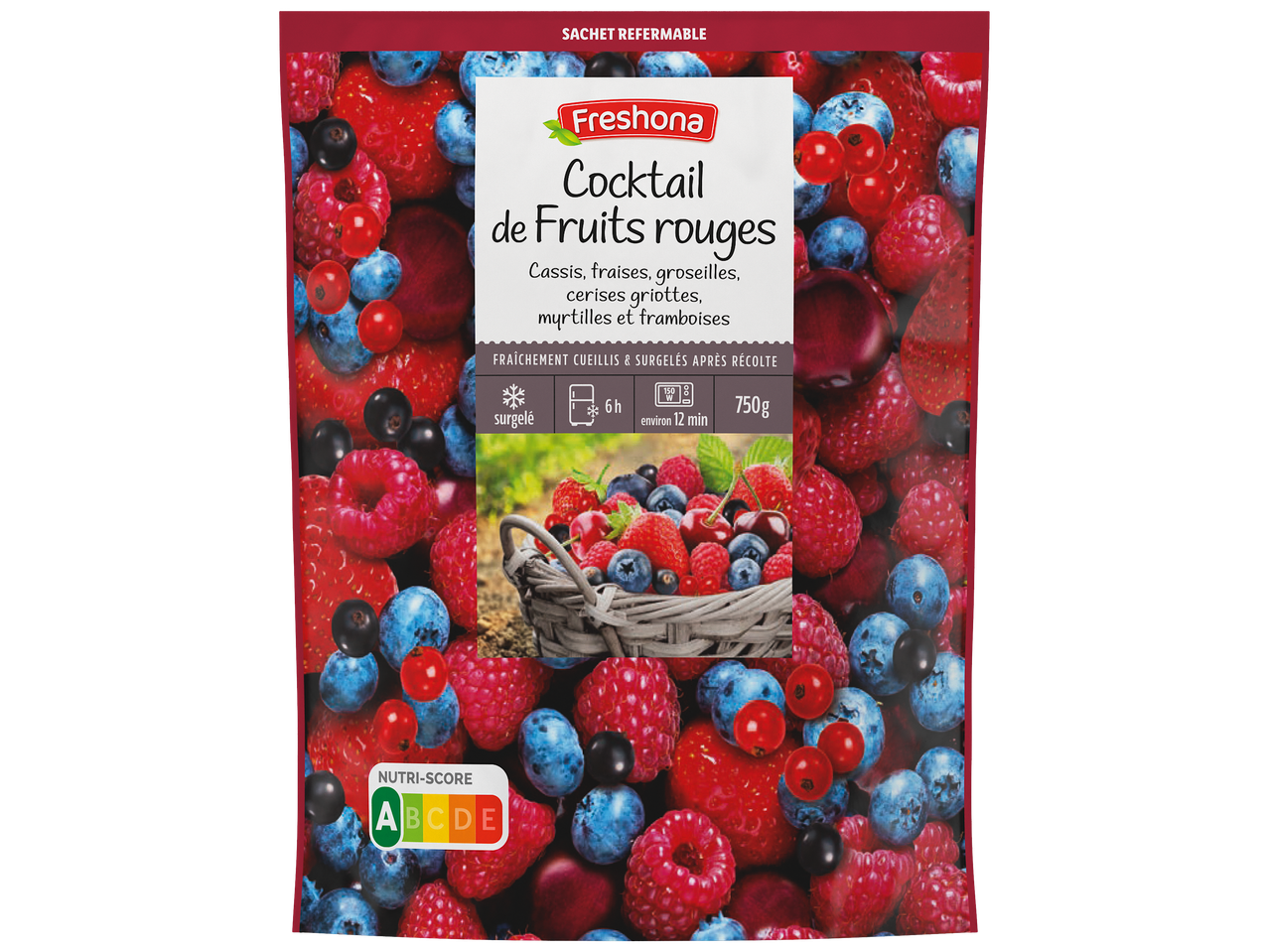 Sachet de cocktail de fruits rouges surgelés (cassis, fraises, groseilles, cerises griottes, myrtilles et framboises) avec Nutri-Score A.