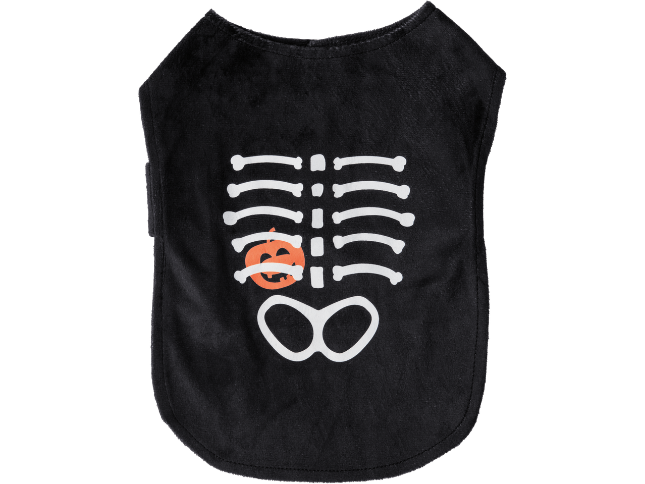 Black pet costume with a white skeleton and orange pumpkin design