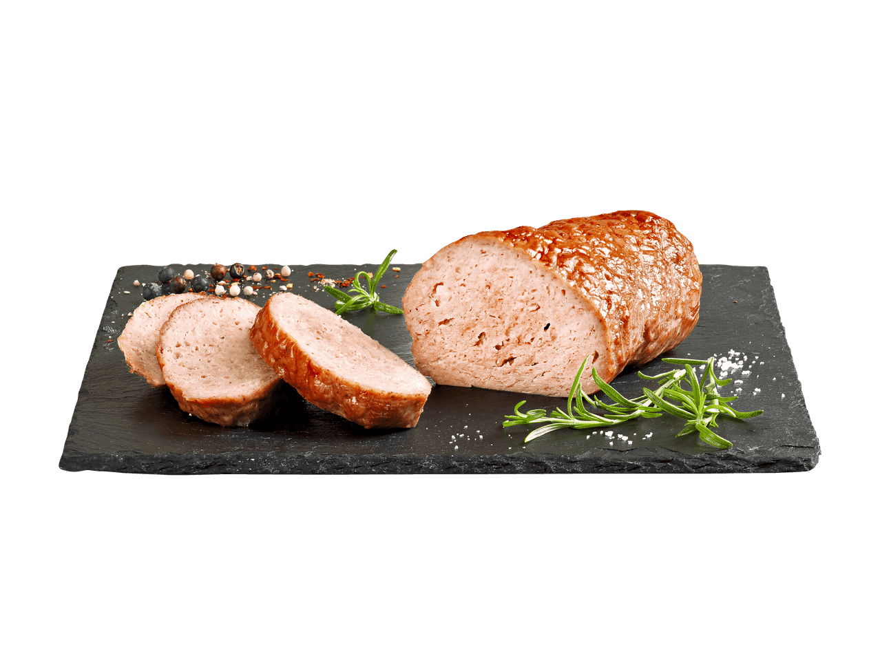 Ofenfrischer Leberkäse, aufgeschnitten auf einer Schieferplatte mit Rosmarin.