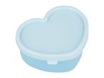 A light blue heart-shaped plastic container with a lid.