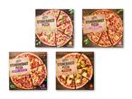 Fem pakker Alfredo pizzaer, herunder Hawaii, Skinke, Kebab og Meat Lover varianter.