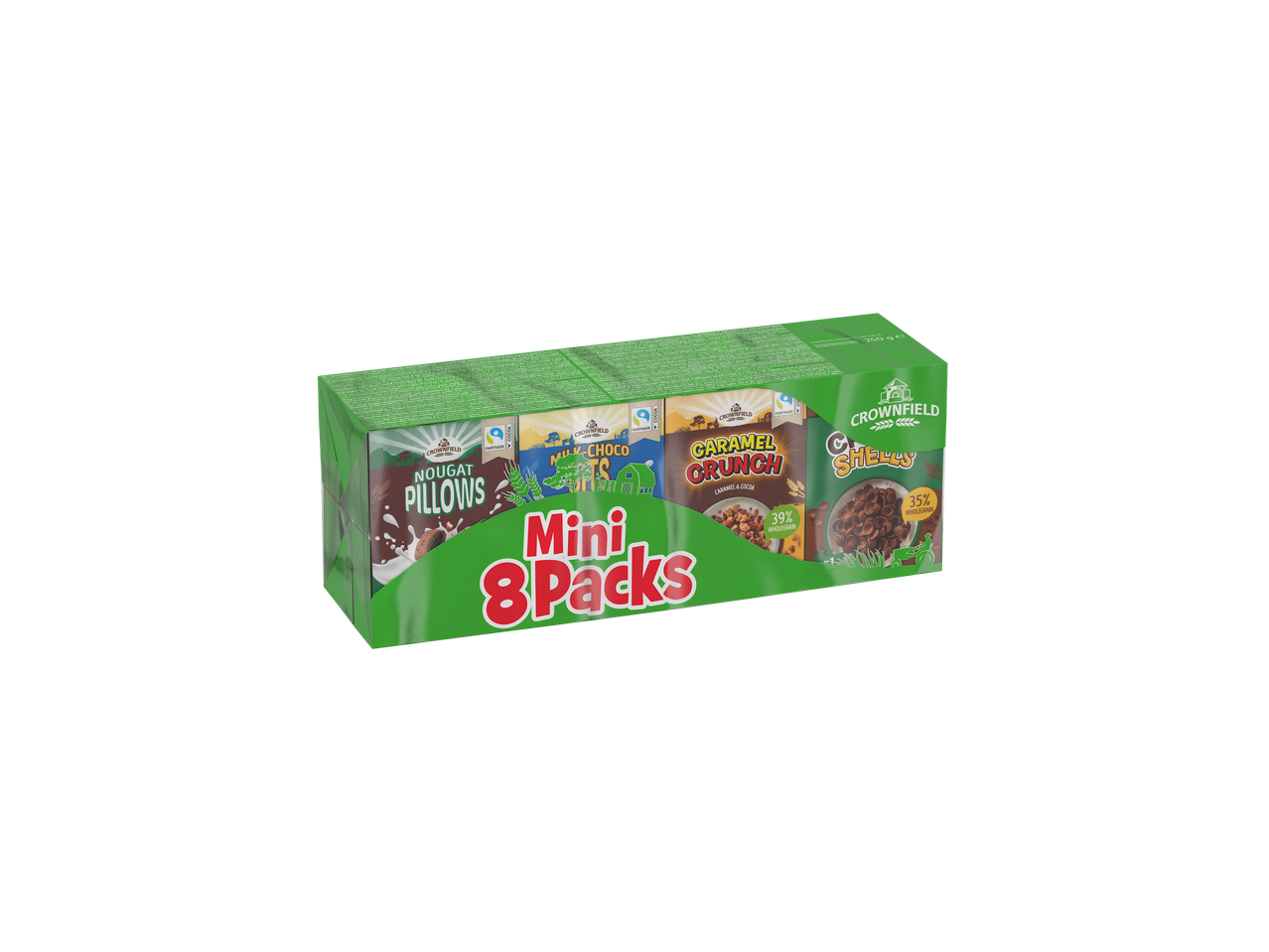 Cereale Crownfield: pernuțe de nuga, bucăți de ciocolată cu lapte, crocante de caramel și scoici. 8 mini pachete.