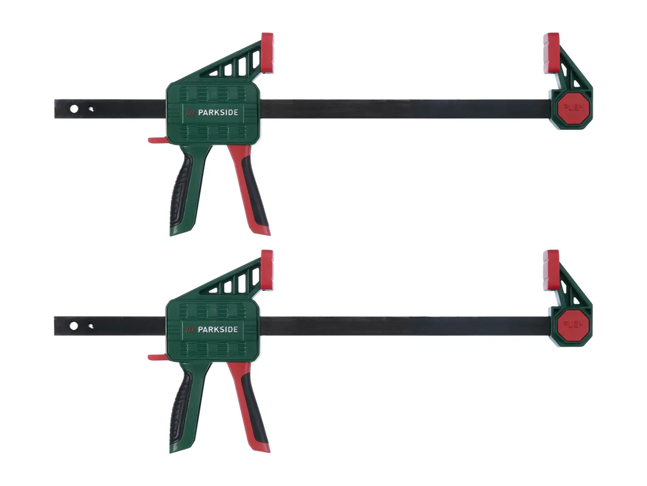 Two Parkside bar clamps with green bodies and red handles