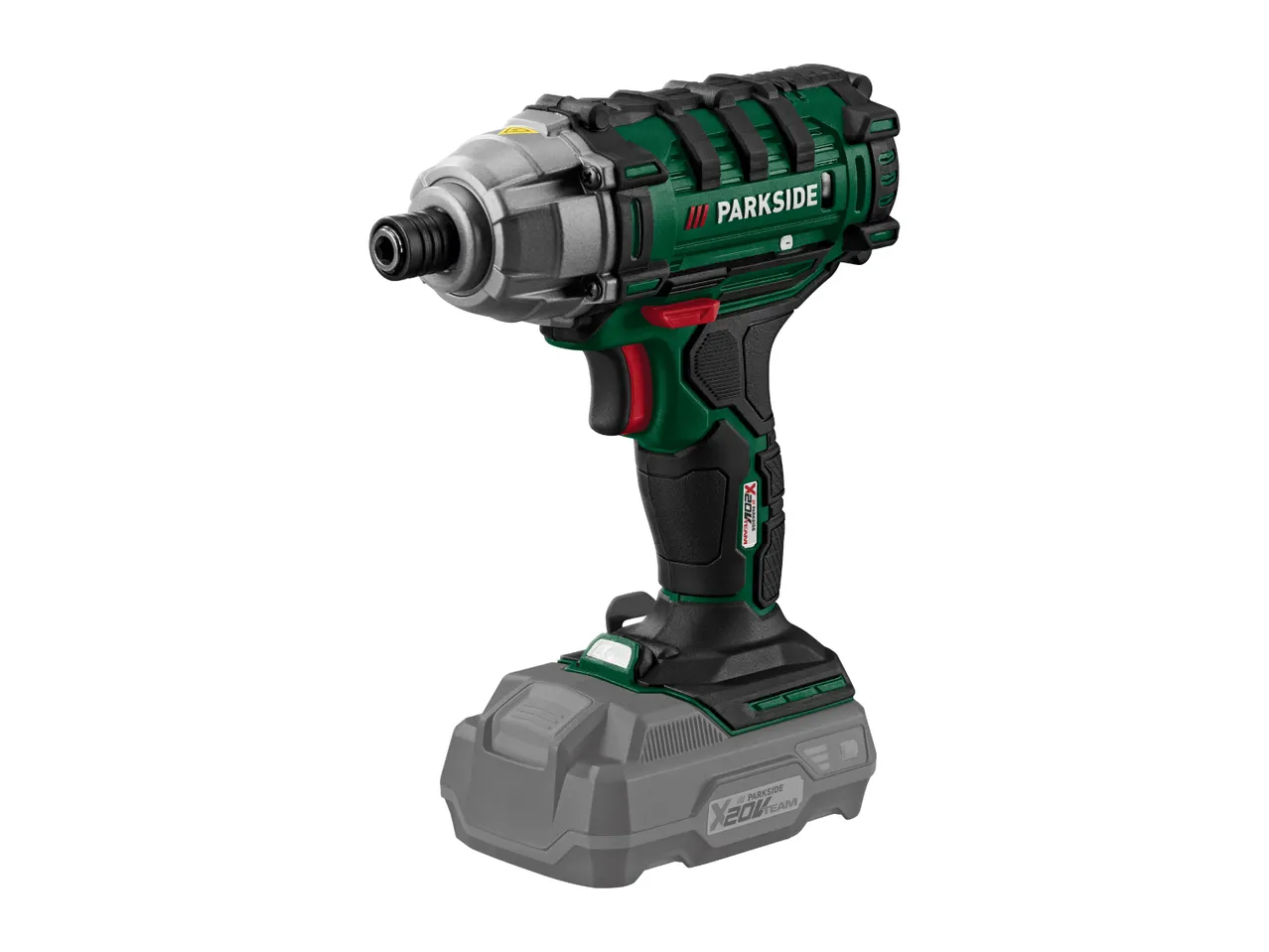 A green and black Parkside cordless impact driver with a gray battery pack.