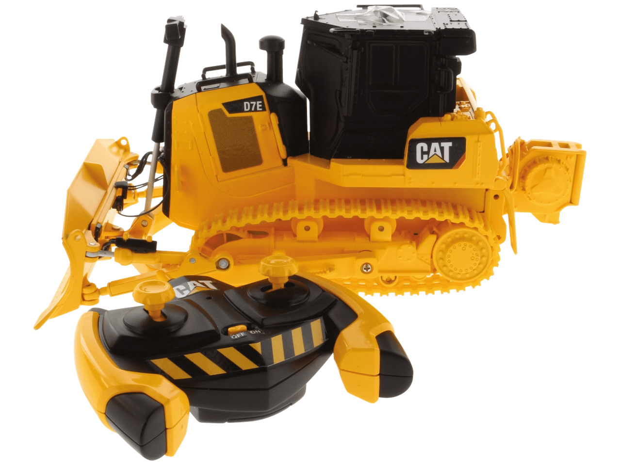 Geltonas CAT® D7E nuotoliniu būdu valdomas darbo mašina su pulteliu.