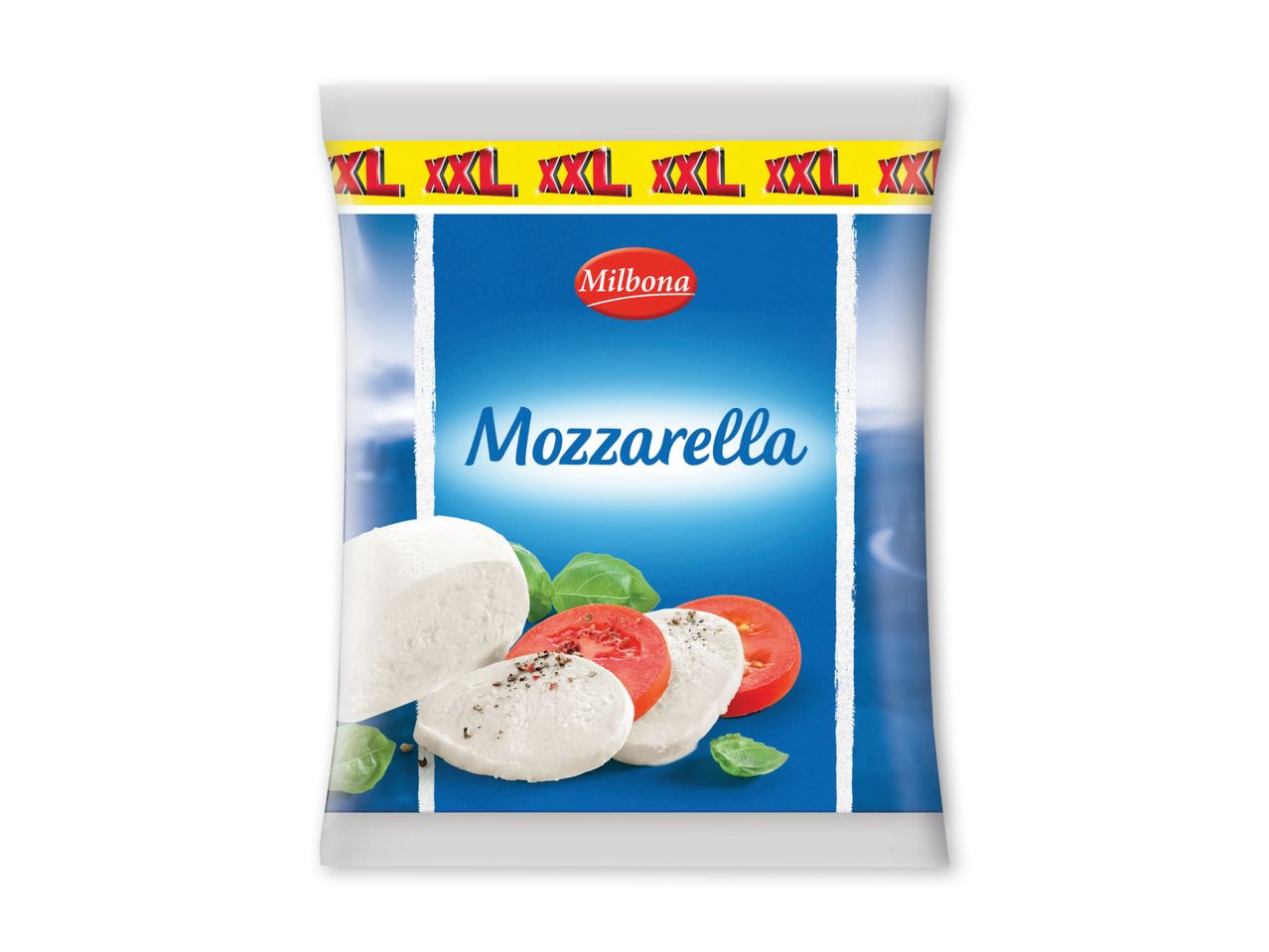 Milbona Mozzarella-pakke med XXL-mærkning og billeder af mozzarella, tomater og basilikum.