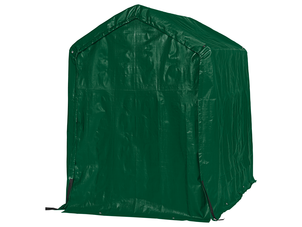 Green tarp shelter with a peaked roof and grommets, designed for outdoor storage.