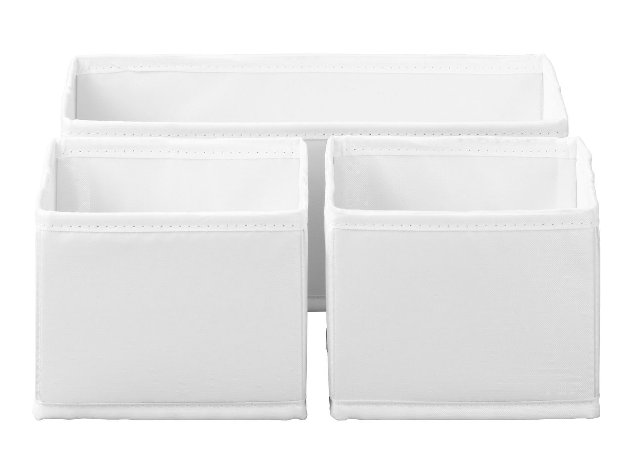 White fabric storage organizer with three compartments, one long and two square.