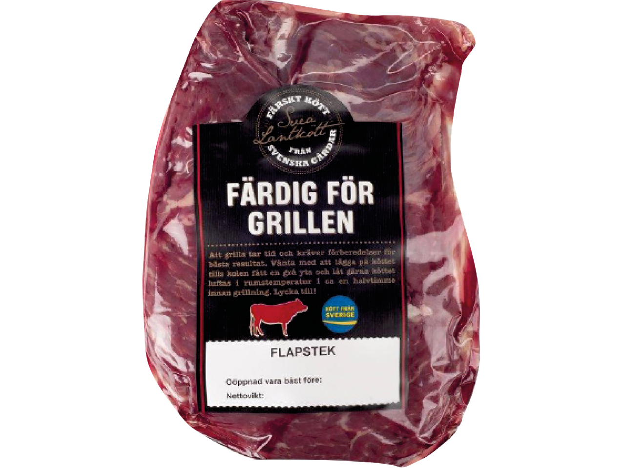 Vakuumförpackad flapstek med etikett för grillning.