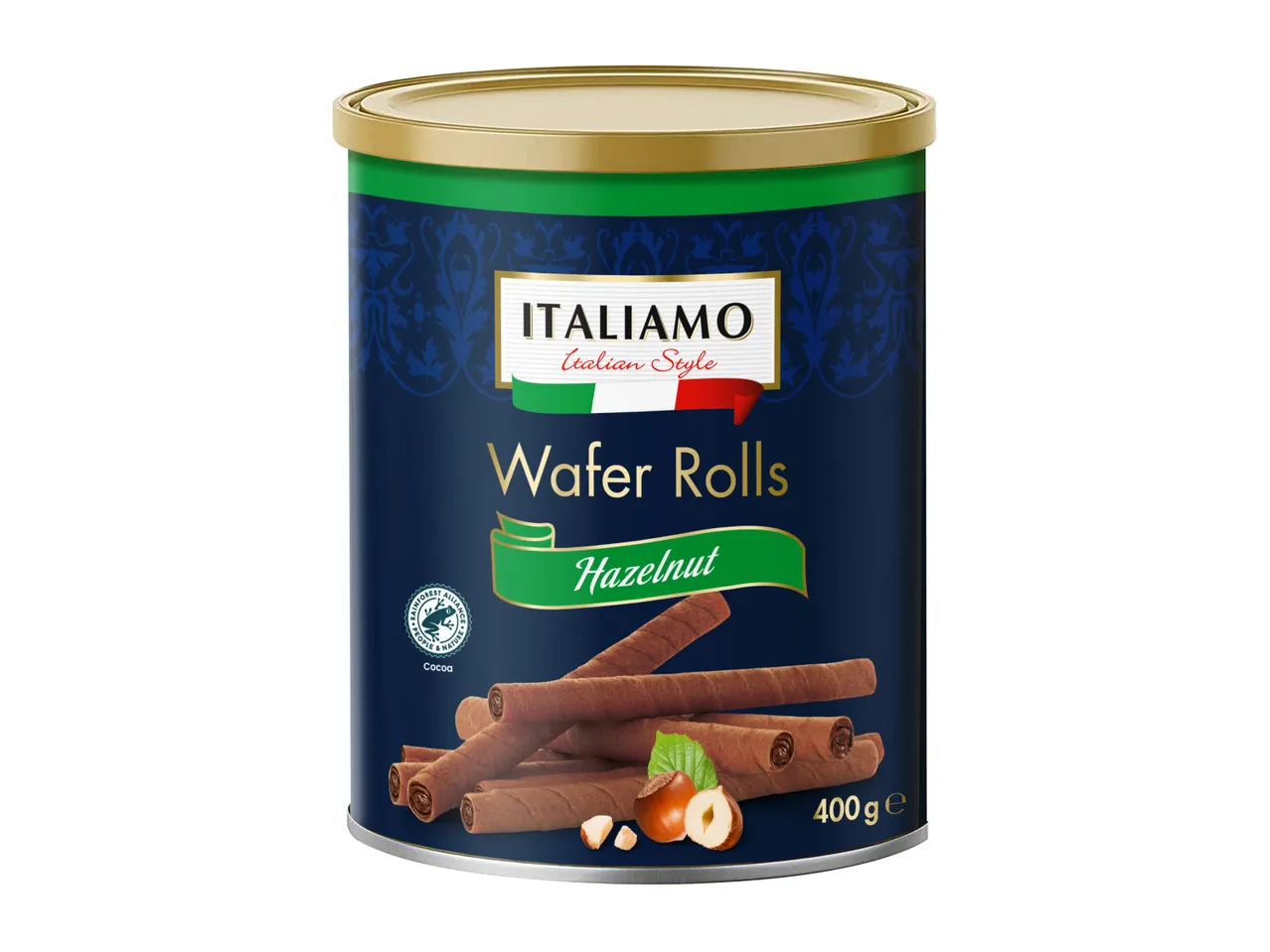 Italiamo Wafer Rolls with Hazelnut flavor in a cylindrical tin.