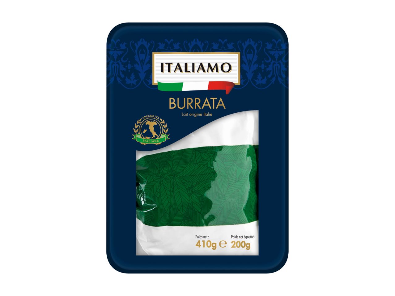 Italiano Burrata sir v embalaži.