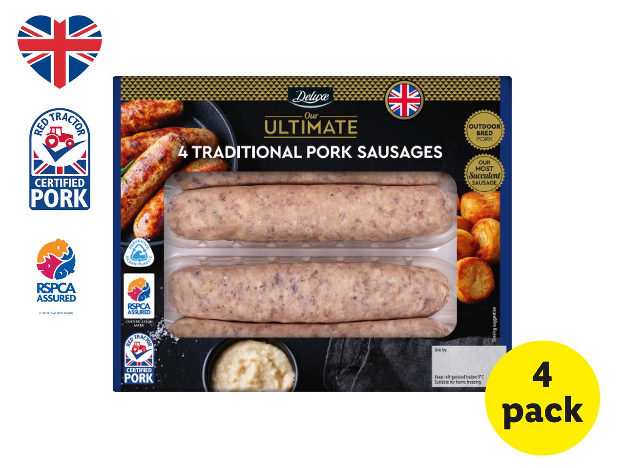 Four RSPCA Assured Deluxe Ultimate Traditional Pork Sausages in a pack.