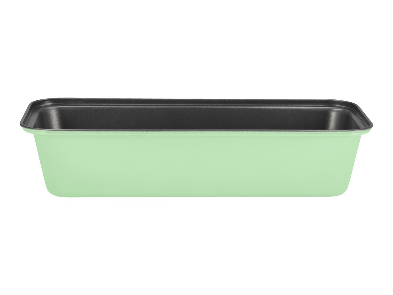 Light green loaf pan with a dark non-stick interior.