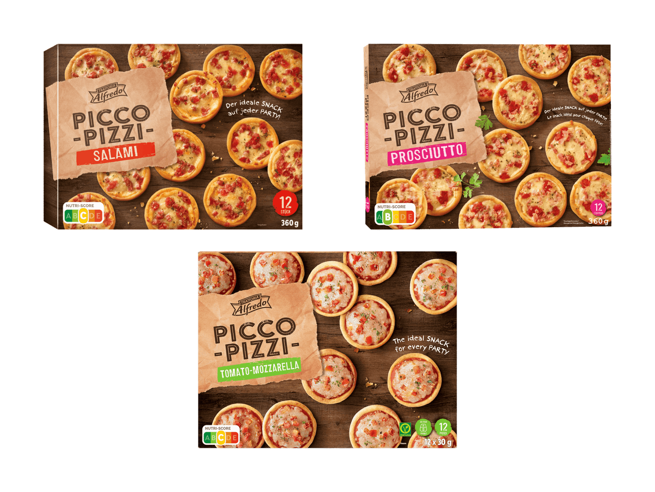 Drei Packungen tiefgekühlter Mini-Pizzen: Salami, Prosciutto und Tomate-Mozzarella, ideal für Partys.