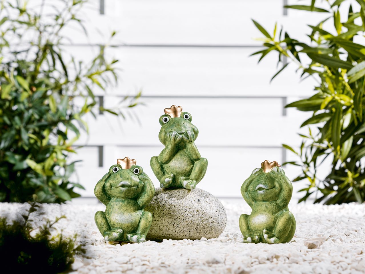 Three frog  for Garden Ornament with crowns on white gravel, surrounded by green plants.