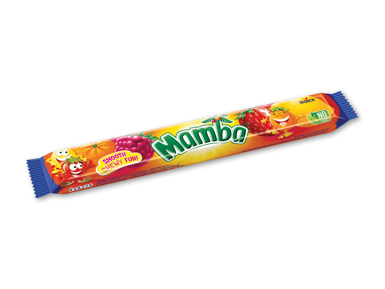 Frugtkarameller med frugtsmag i en pakke med 24 stykker, med teksten 'Smooth Chewy Fun!' og 'No Artificial Colours'.