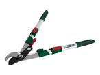 Telescopic bypass loppers with green and red accents, featuring a label with text and symbols.