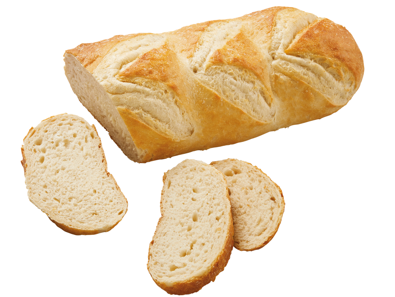 En skivad baguette och en hel baguette på svart bakgrund.