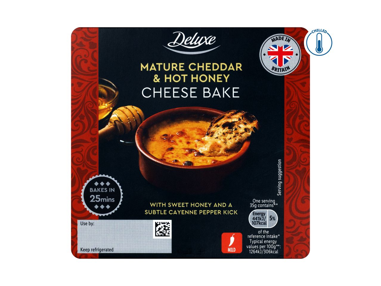 Mature Cheddar & Hot Honey Cheese Bake, chilled, made in Britain, bakes in 25 mins.