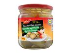 Jar of green olive and pickled vegetable skewers, with a red lid and a label showing the product name and weight.