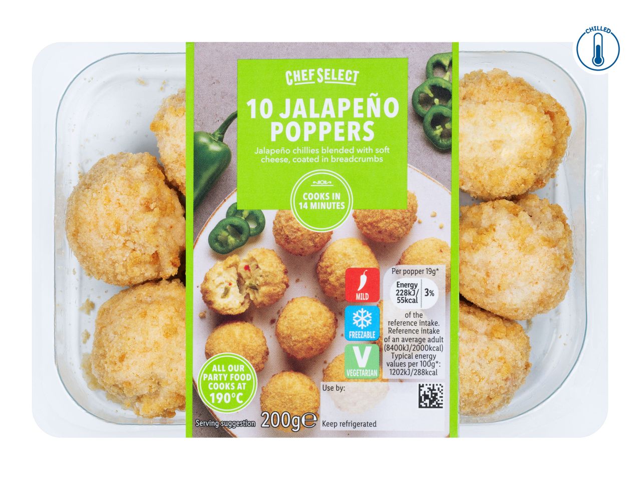 Chef Select 10 Jalapeño Poppers, chilled, mild, freezable, and vegetarian.