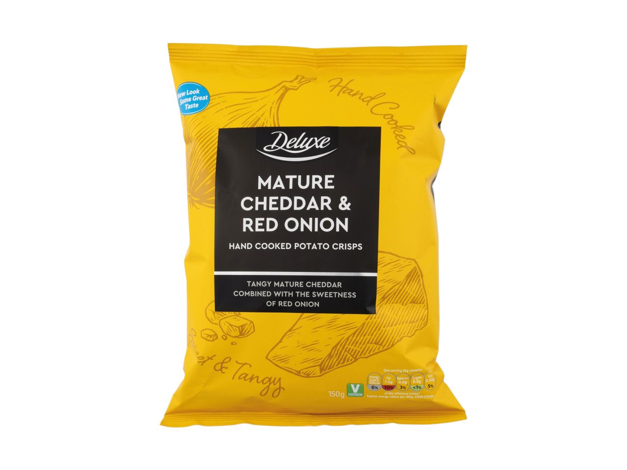 Yellow bag of hand-cooked potato crisps, mature cheddar & red onion flavor, 150g.