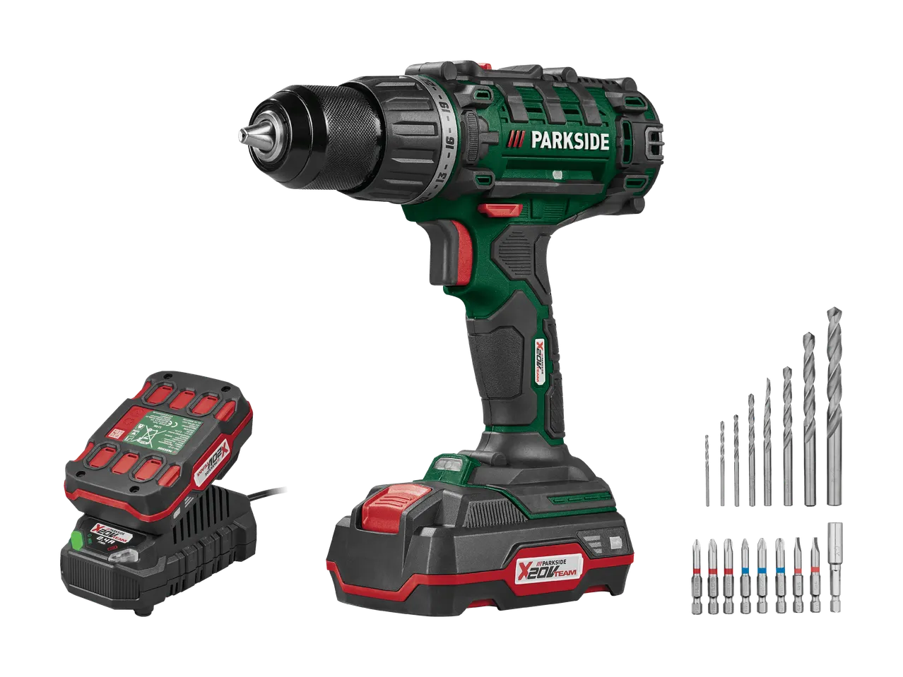 Une perceuse-visseuse sans fil avec chargeur, batterie, forets et embouts sur fond noir.