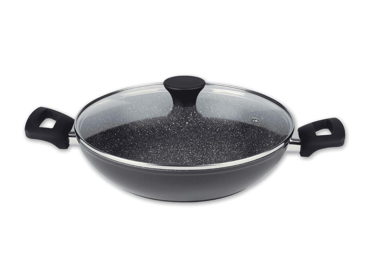 Eine schwarze Wokpfanne mit Glasdeckel.
