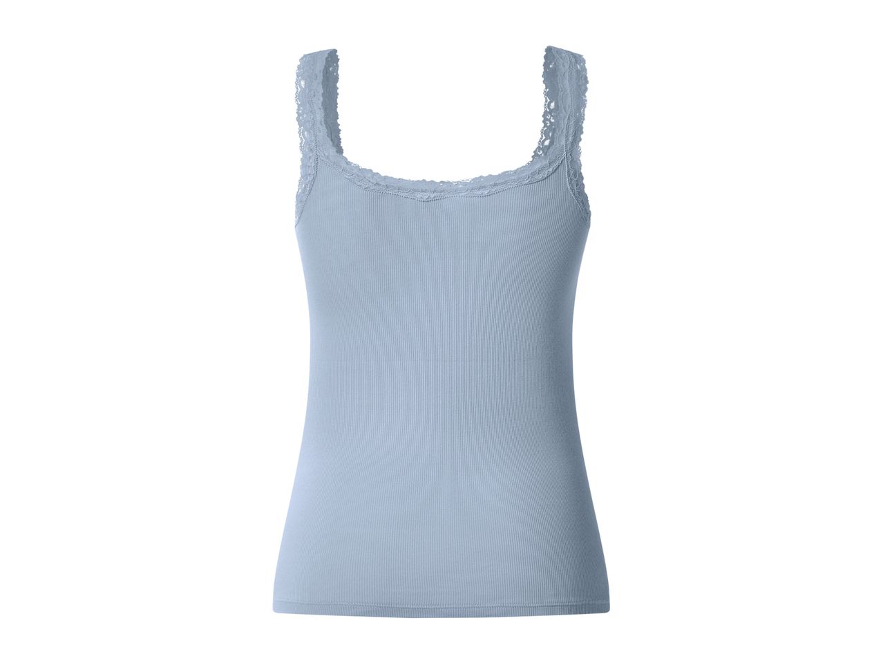 Light blue ribbed tank top with lace trim on the neckline and straps.