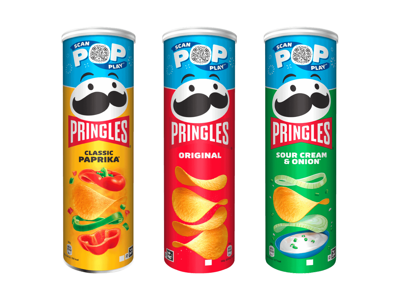 Drei Pringles-Dosen: Paprika, Original und Sauerrahm & Zwiebel.