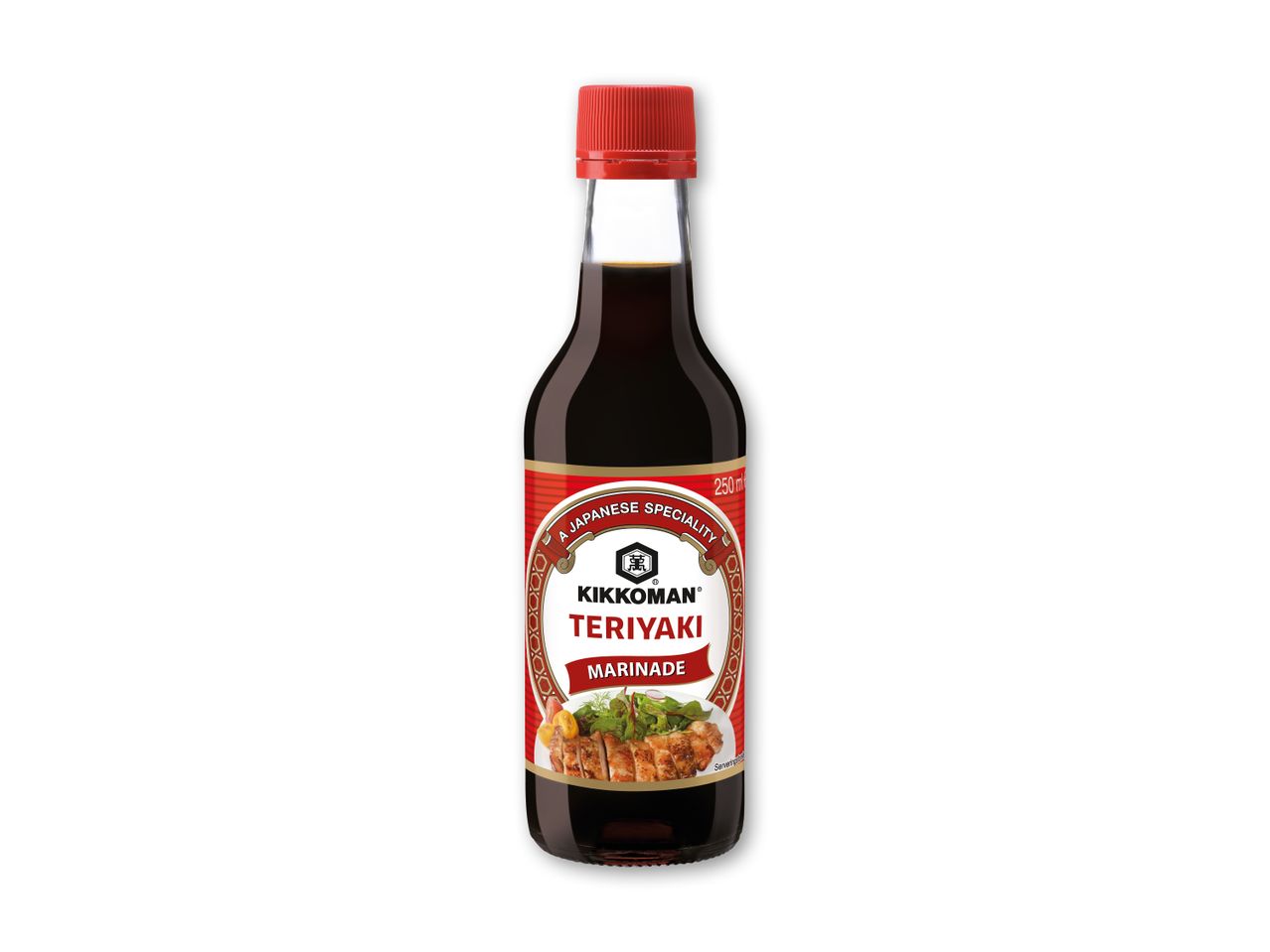 En flaske teriyaki marinade med et billede af grillet kød og salat på etiketten.