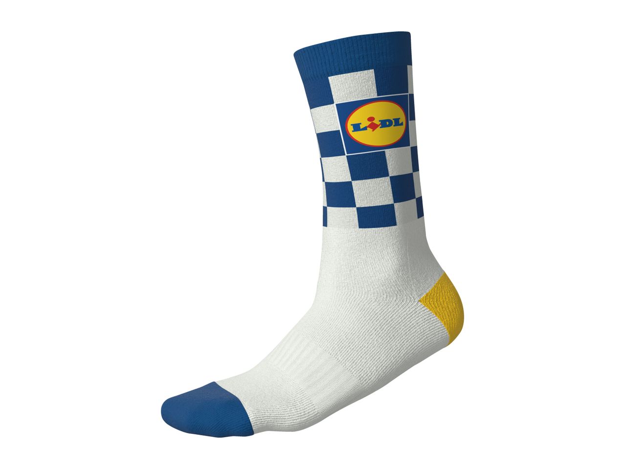 White, blue, and yellow checkered sock with a circular logo on the ankle.