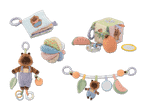 Babyspielzeug-Set mit Stoffbuch, Würfel, Rassel und Beißring in Tier- und Fruchtmotiven.