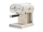Cream-colored retro-style espresso machine with a temperature gauge and chrome accents.