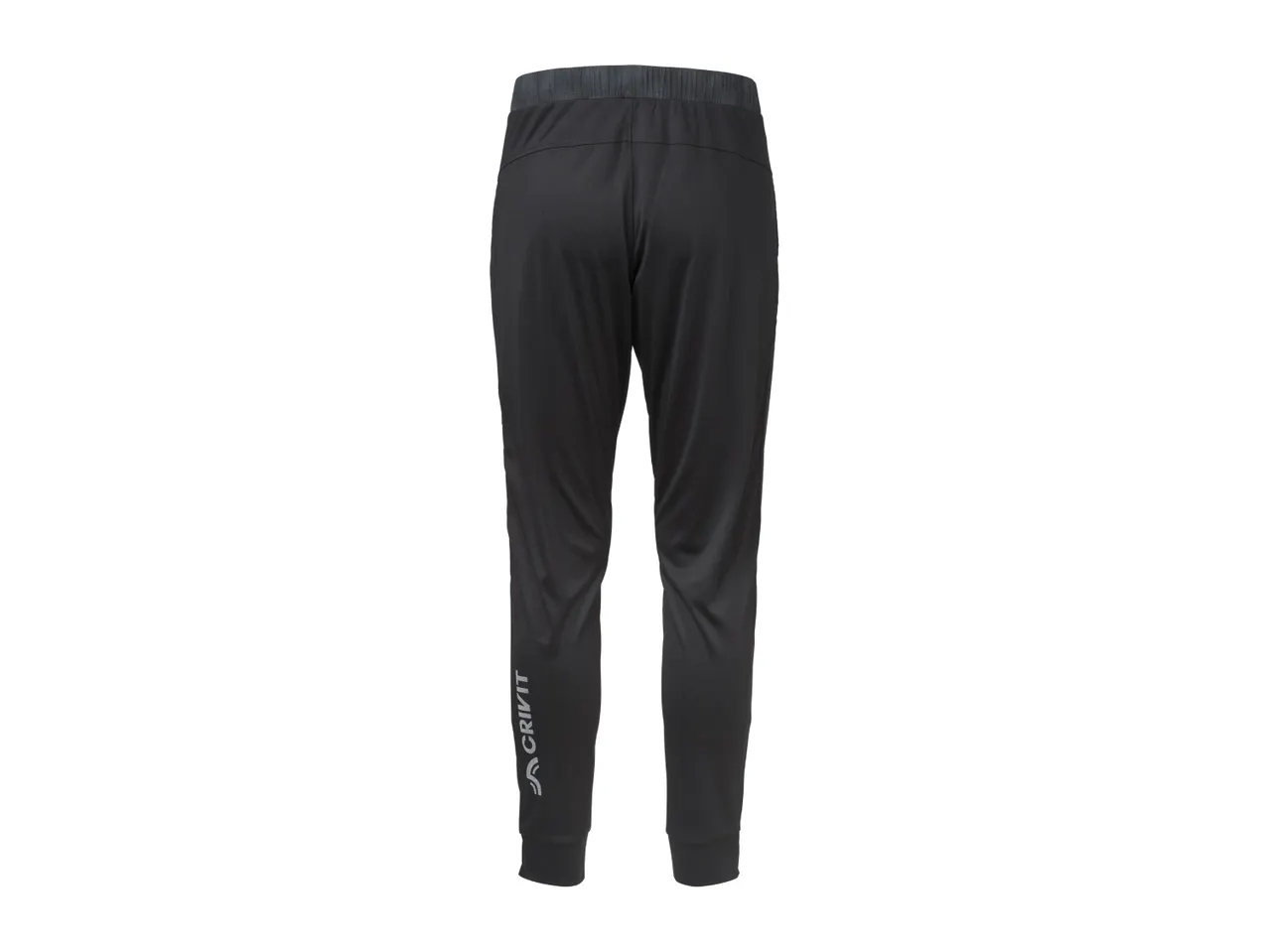 Black athletic pants with a grey elastic waistband and a reflective logo on the left leg.