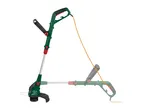 Electric grass trimmer in green and black, with an orange power cord, shown in two positions.