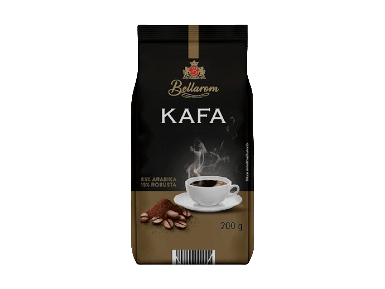 Crno pakovanje kafe sa šoljicom kafe, zrnima i mlevenom kafom, 85% Arabika, 15% Robusta, 200g.