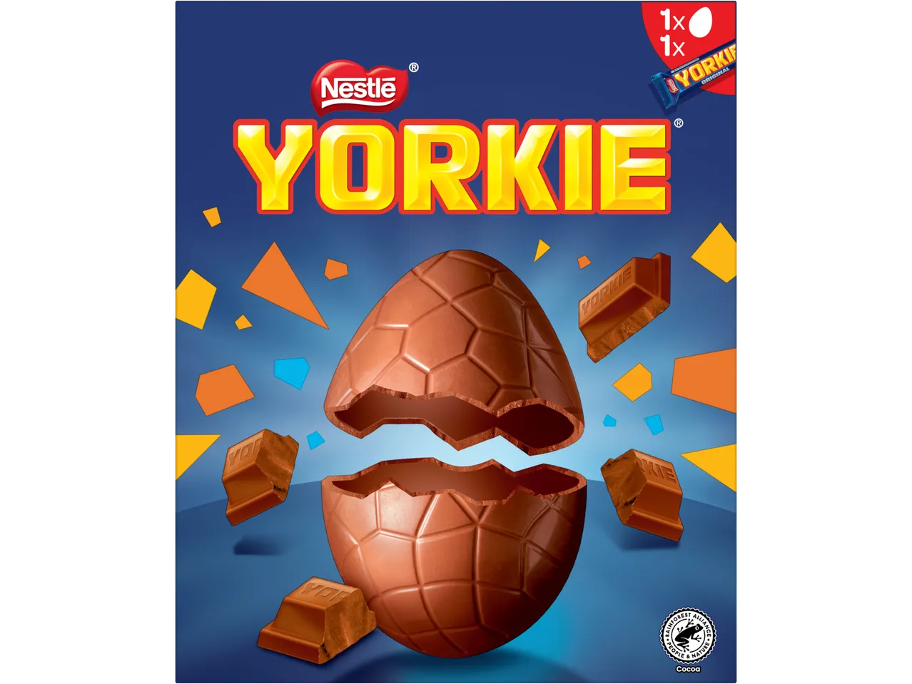 Nestlé Yorkie Large Egg with a broken chocolate egg and Yorkie bar pieces.
