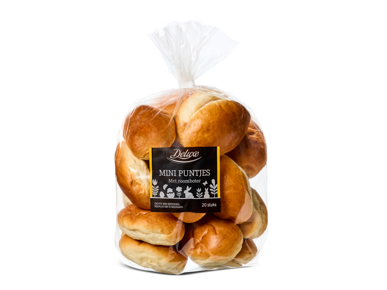 Een zak Deluxe witte roomboter mini-puntjes, 20 stuks, met paasthema-illustraties.