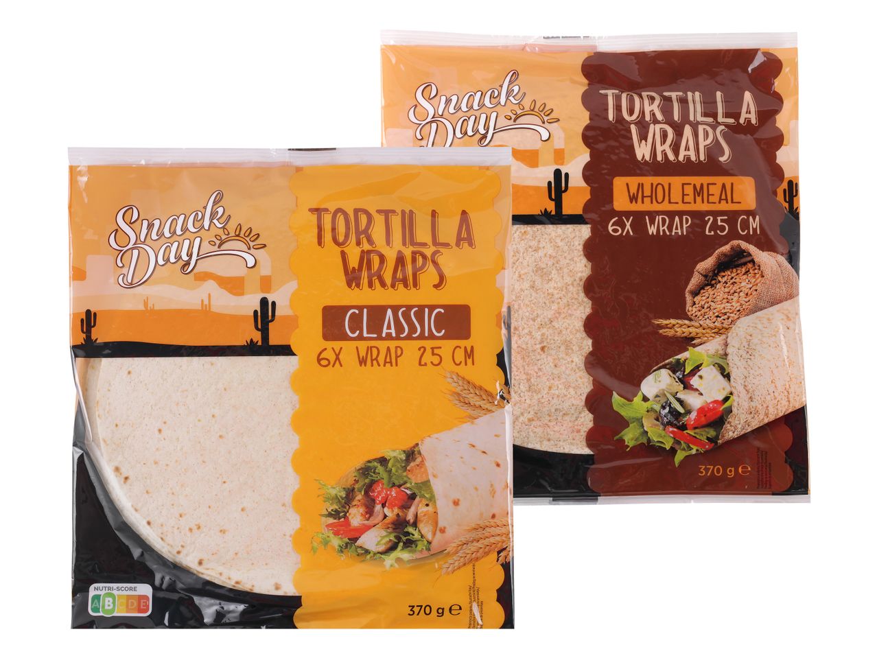 Dve pakiranji tortilj Snack Day, ena klasična in ena polnozrnata.