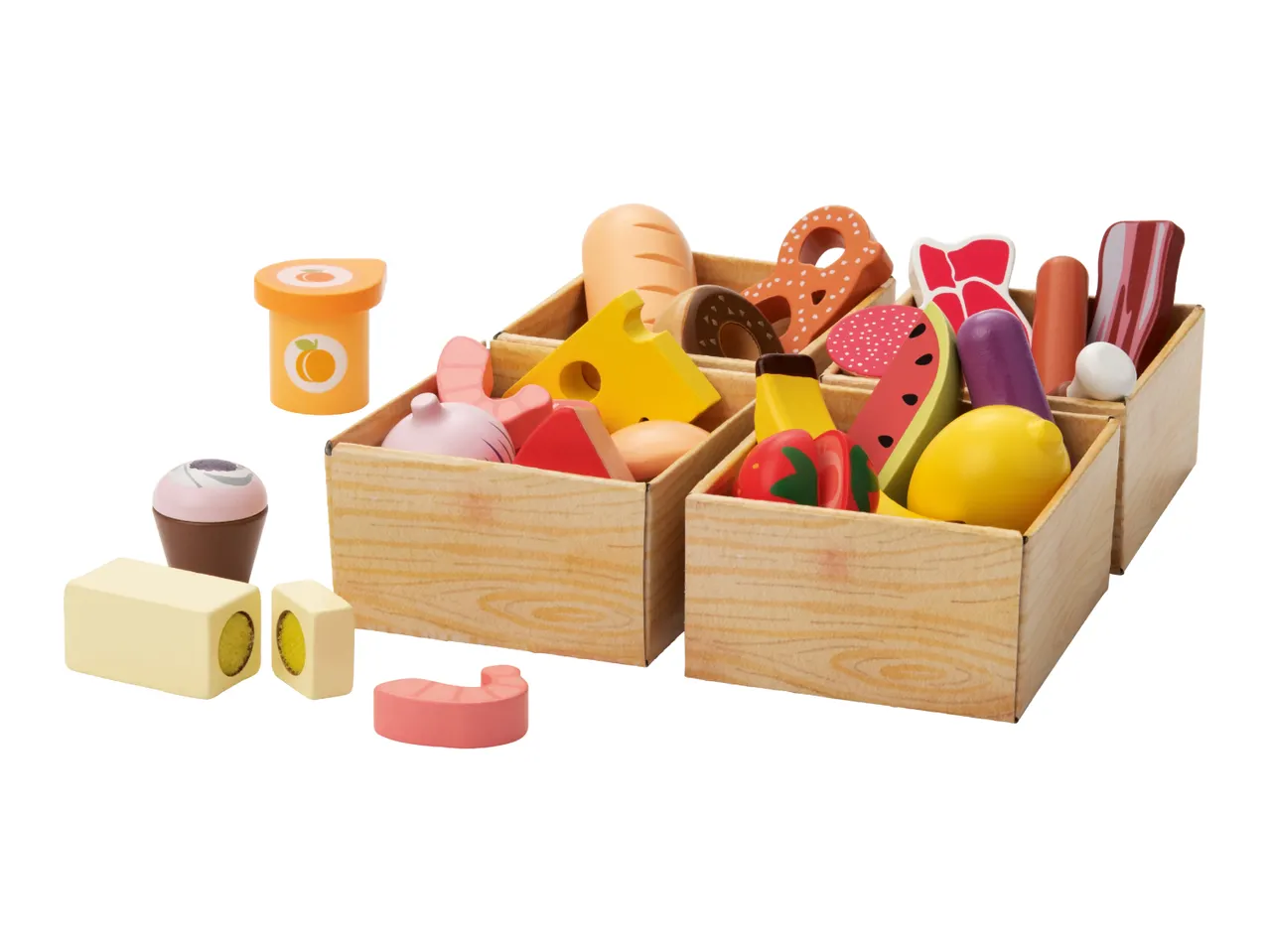Wooden play food set with fruits, vegetables, bread, cheese, and other groceries in crates.