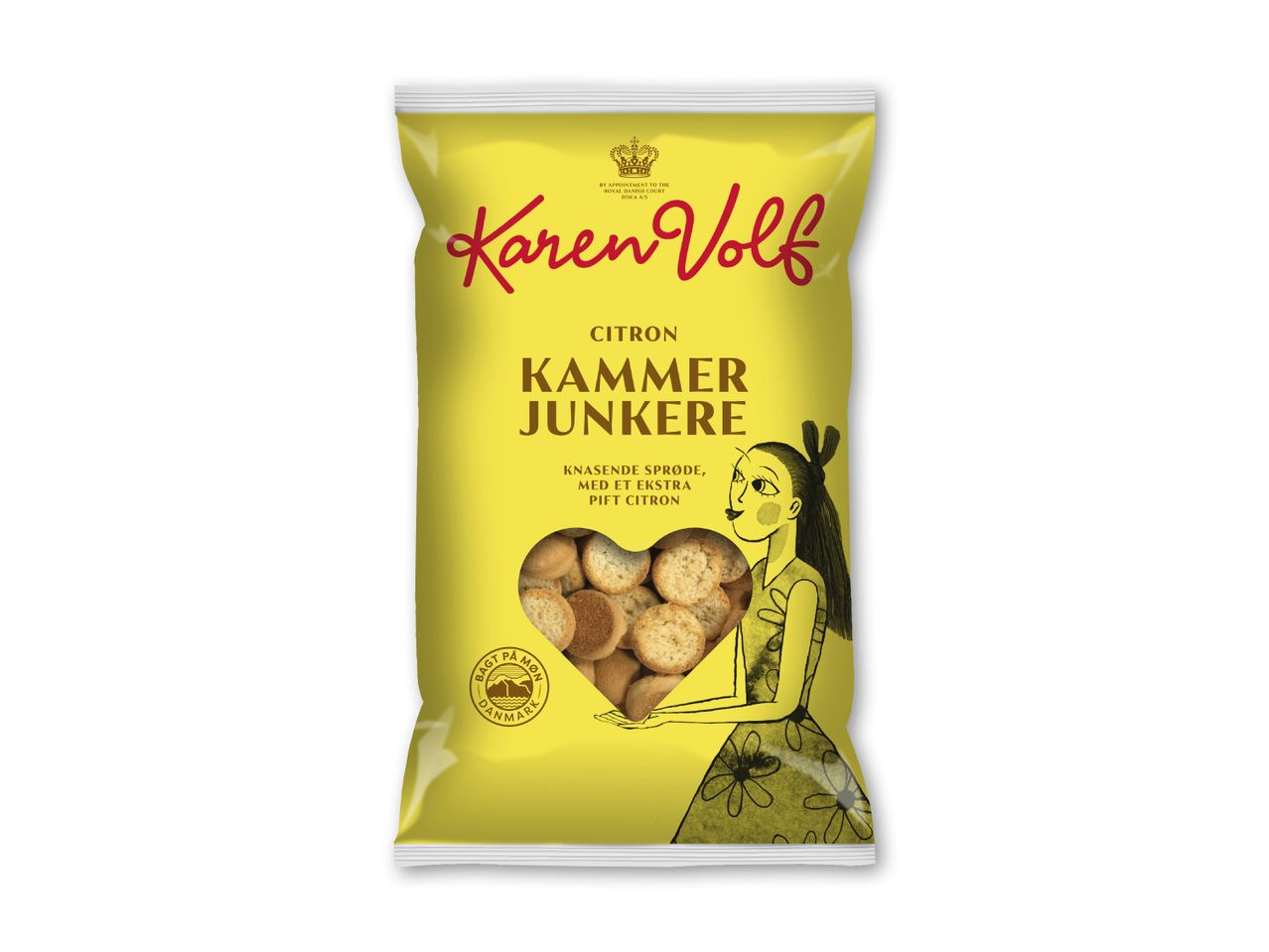 Gul pose med citron-kammerjunkere, en tegnet kvinde og teksten 'Knasende sprøde, med et ekstra pift citron'.