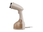 Handheld garment steamer with a brush attachment and a visible water tank.