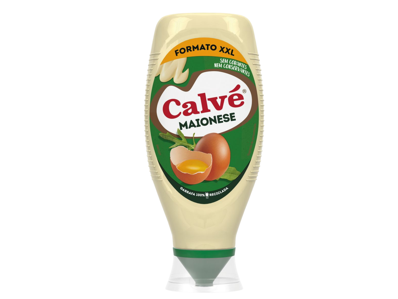 Maionese em embalagem XXL com ovos e folhas verdes, sem corantes nem conservantes.