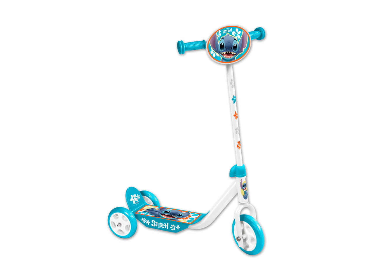 Ein blauer Scooter mit einem niedlichen Tiermotiv.