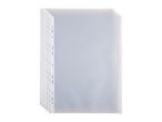A stack of clear plastic sheet protectors with hole punches for a binder.