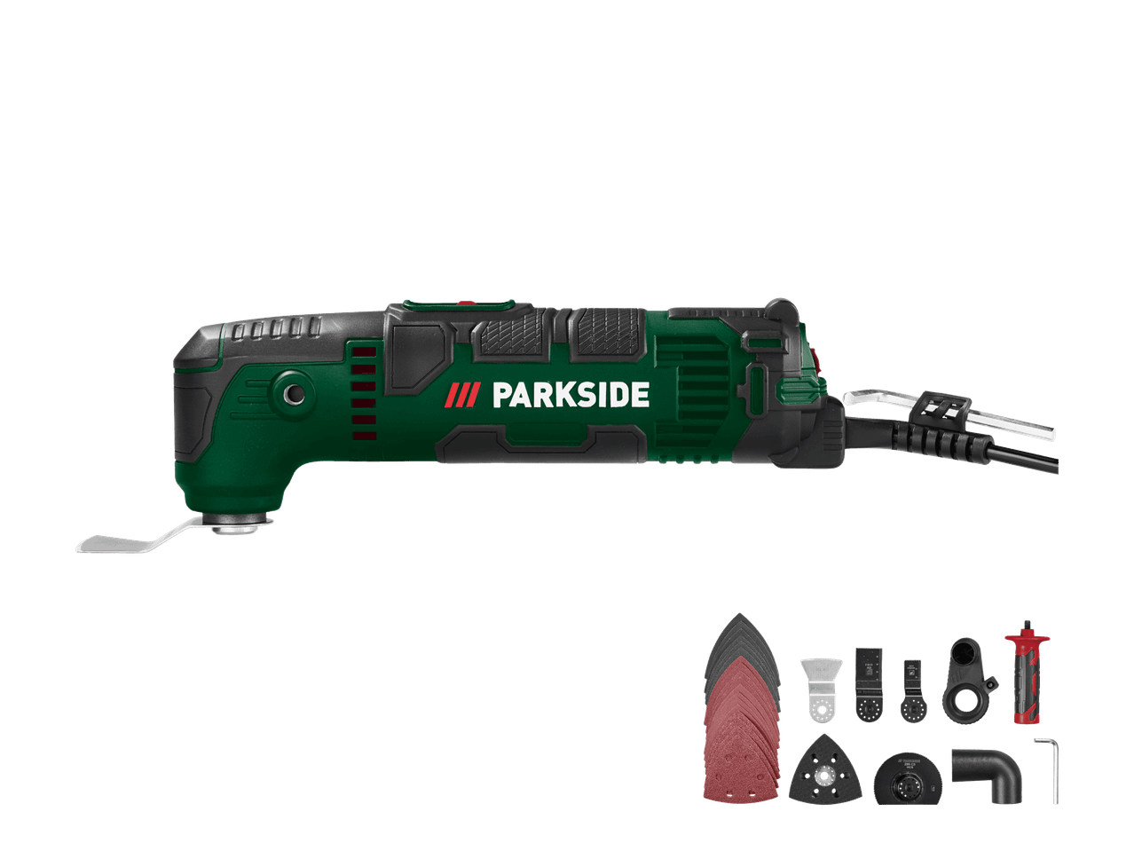 Monitoimityökalu ja tarvikesarja, jossa on hiomapapereita, sahanteriä ja kahva.